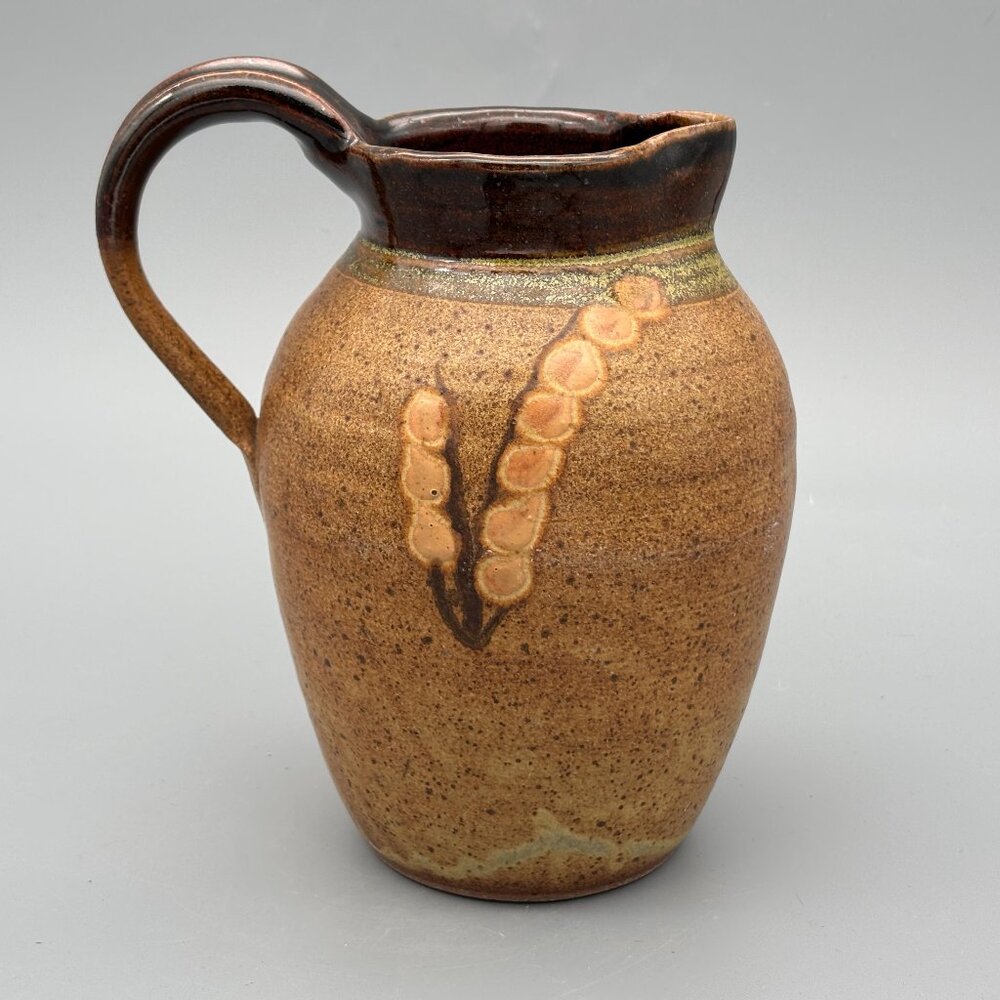 Vintage Studio Pottery Pitcher with Brown Speckled Glaze Botanical Design